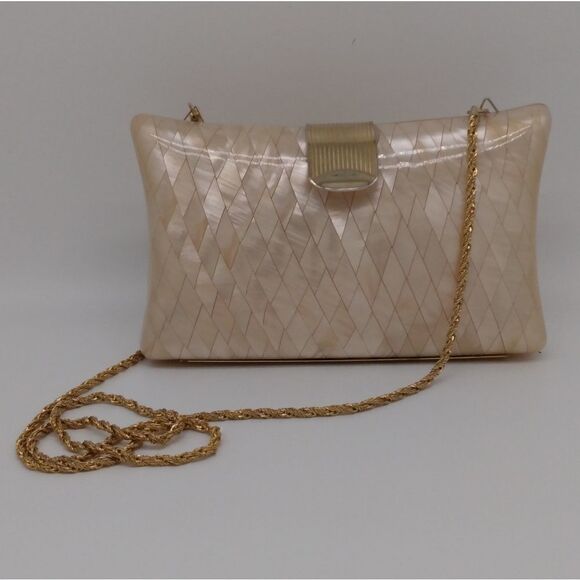 VINTAGE LISETTE Rare 1950s Blush Mother of Pearl & Lucite Clutch Gold Hardware - Picture 1 of 16
